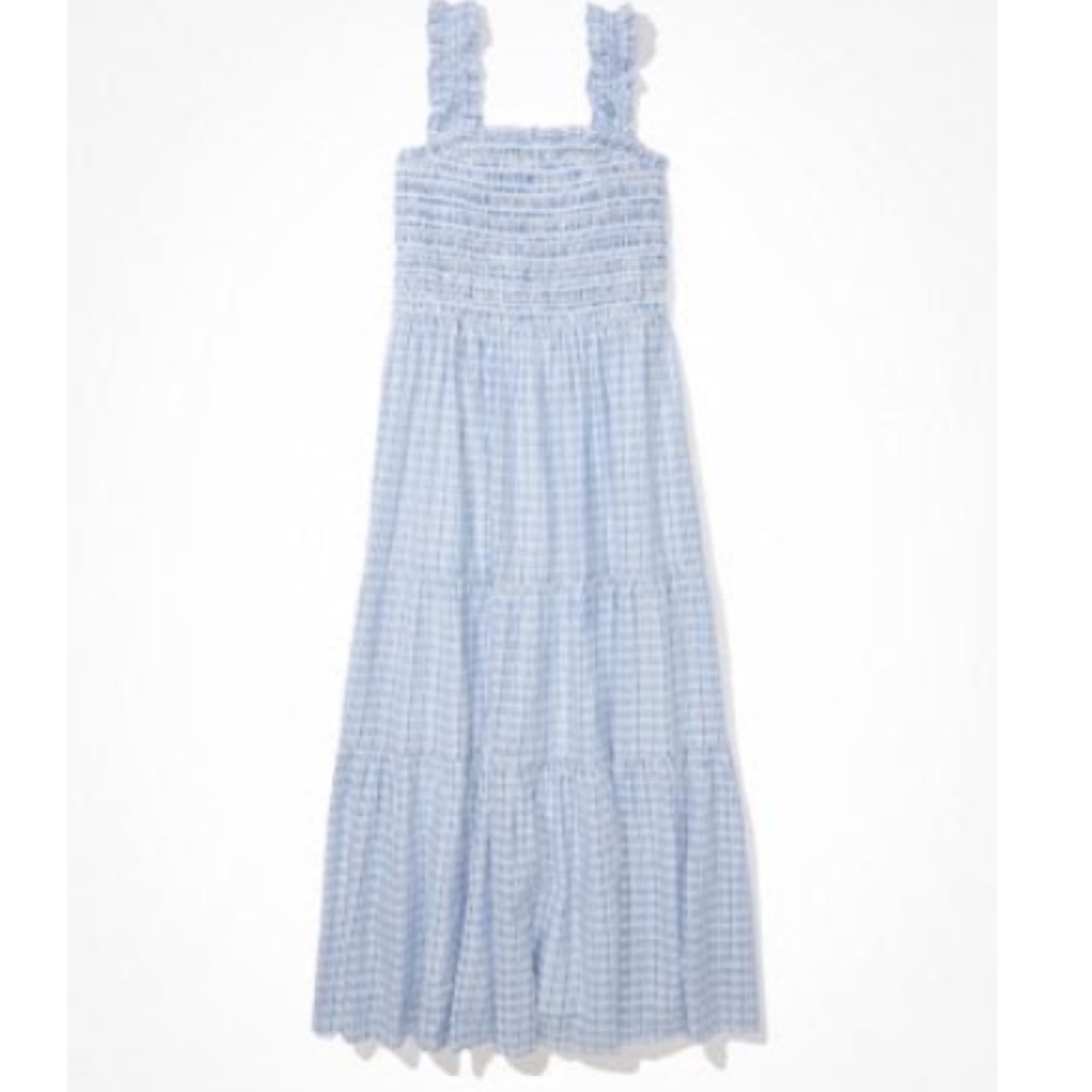 Blue and White Striped Ruffle Smocked Midi Dress